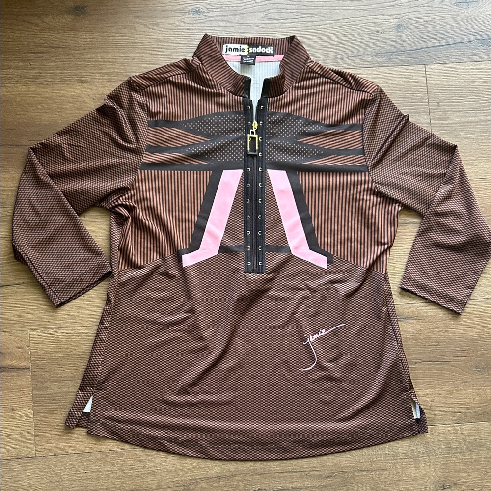 Jamie Sadock Brown with Pink Geometric Zip Golf Top ! Medium